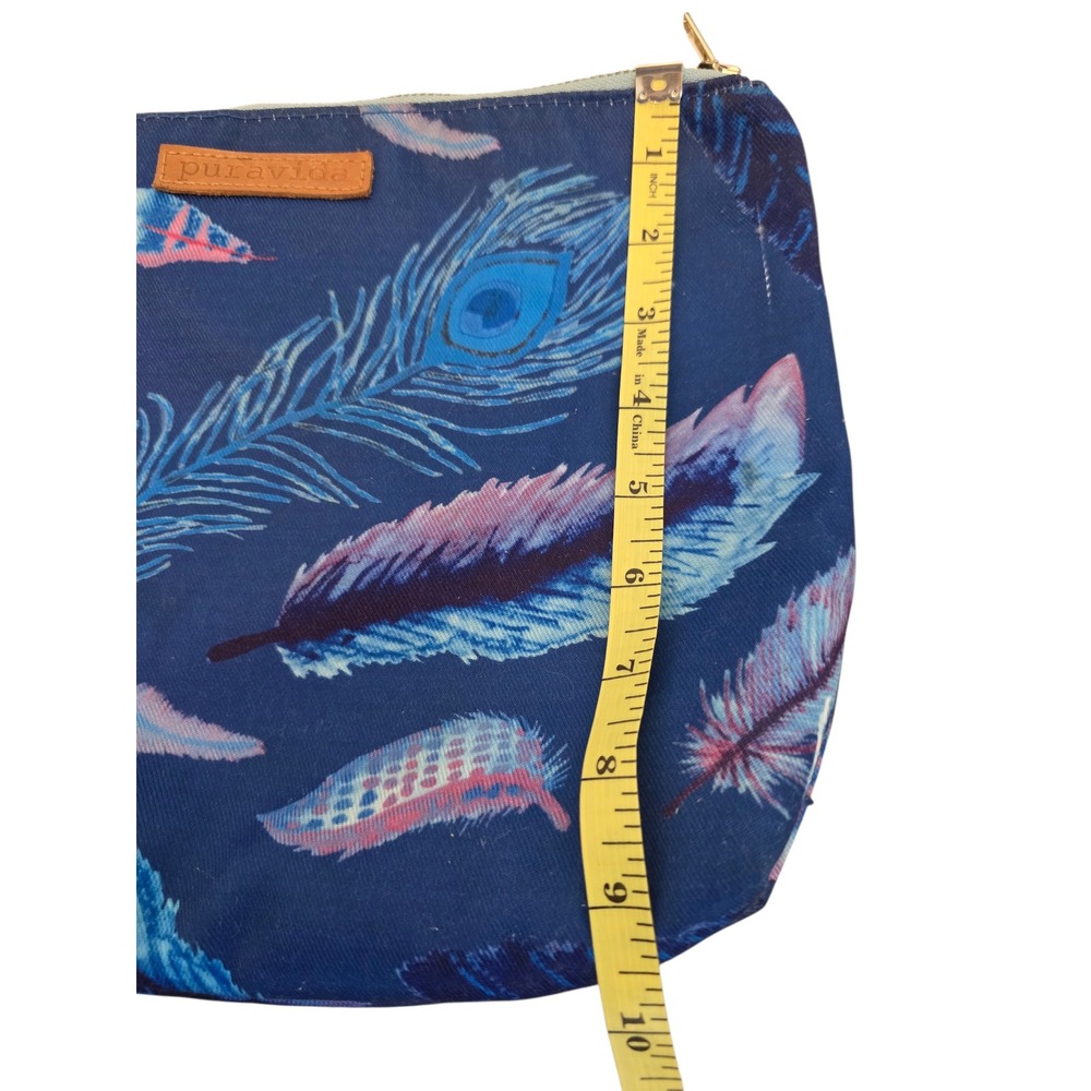 Pura Vida Navy Blue Peacock‎ Feather Print Canvas Pouch Makeup Bag Zippered Case - Picture 8 of 11